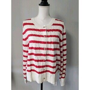 Wiholl Women's XL Red White Striped Cable Knit Sweater Top Button Up Cardigan